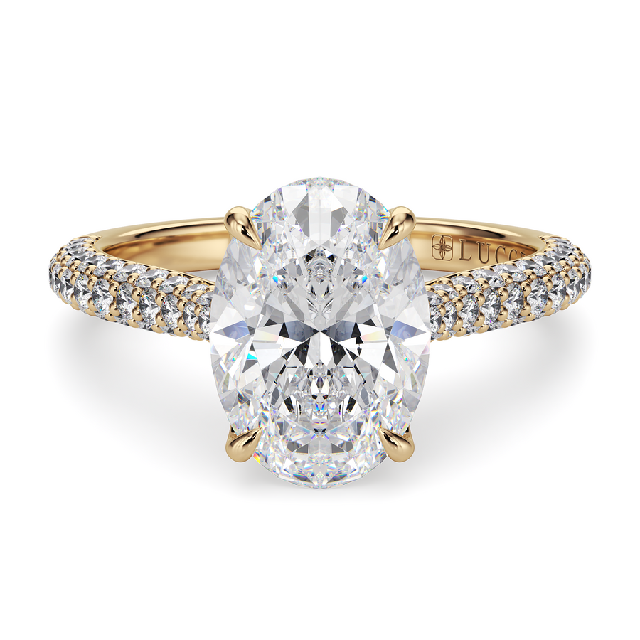 Load image into Gallery viewer, LUCCE Cathedral Oval Diamond Tri-row Pavé Engagement Ring with Petal Prongs and Hidden Accent Stones in Gold or Platinum
