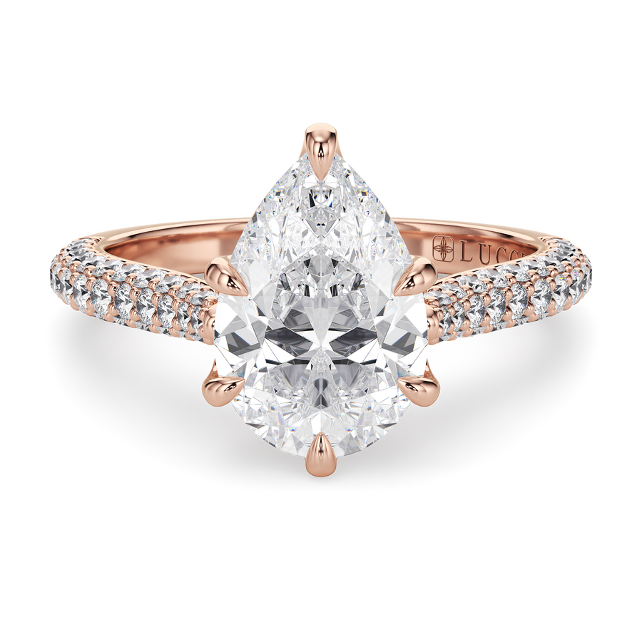 Load image into Gallery viewer, LUCCE Cathedral Pear Diamond Tri-row Pave Engagement Ring with Petal Prongs and Hidden Accent Stones in Gold or Platinum
