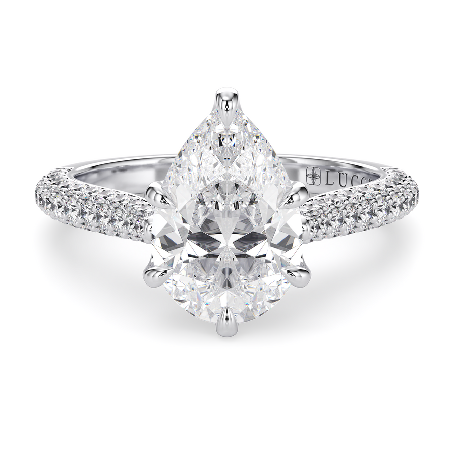 Load image into Gallery viewer, LUCCE Cathedral Pear Diamond Tri-row Pave Engagement Ring with Petal Prongs and Hidden Accent Stones in Gold or Platinum
