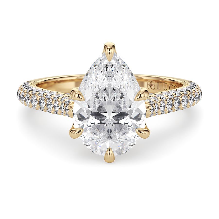 Load image into Gallery viewer, LUCCE Cathedral Pear Diamond Tri-row Pave Engagement Ring with Petal Prongs and Hidden Accent Stones in Gold or Platinum
