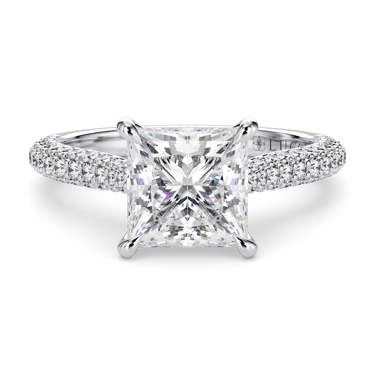 Load image into Gallery viewer, LUCCE Cathedral Princess Diamond Tri-row Pavé Engagement Ring with Petal Prongs and Hidden Accent Stones in Gold or Platinum
