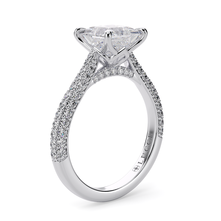Load image into Gallery viewer, LUCCE Cathedral Cushion Diamond Tri-row Pavé Engagement Ring with Petal Prongs and Hidden Accent Stones in Gold or Platinum
