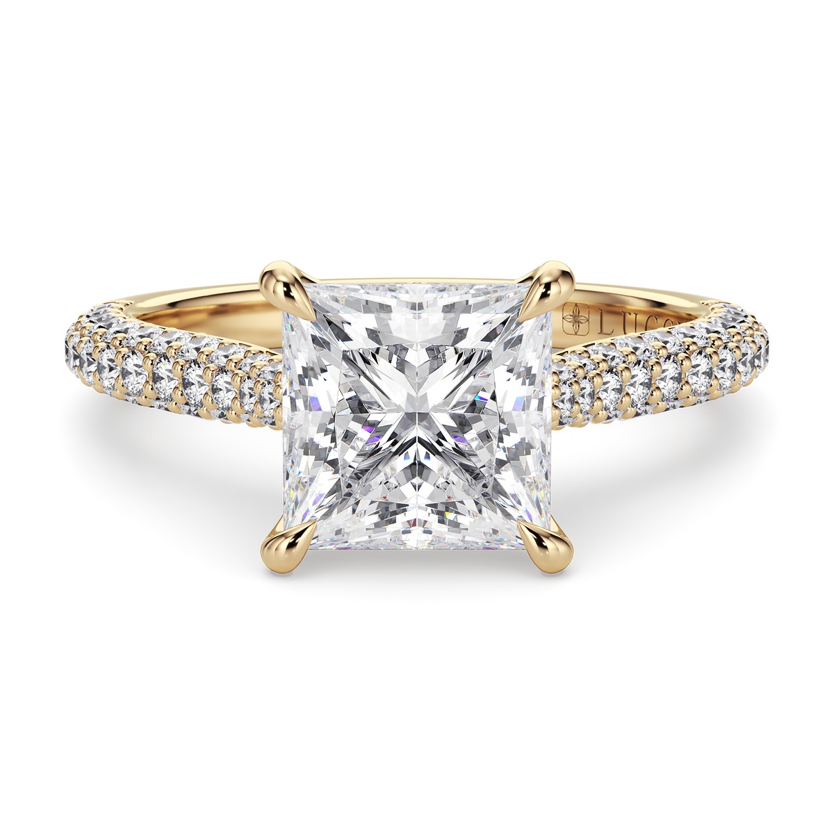 Load image into Gallery viewer, LUCCE Cathedral Princess Diamond Tri-row Pavé Engagement Ring with Petal Prongs and Hidden Accent Stones in Gold or Platinum
