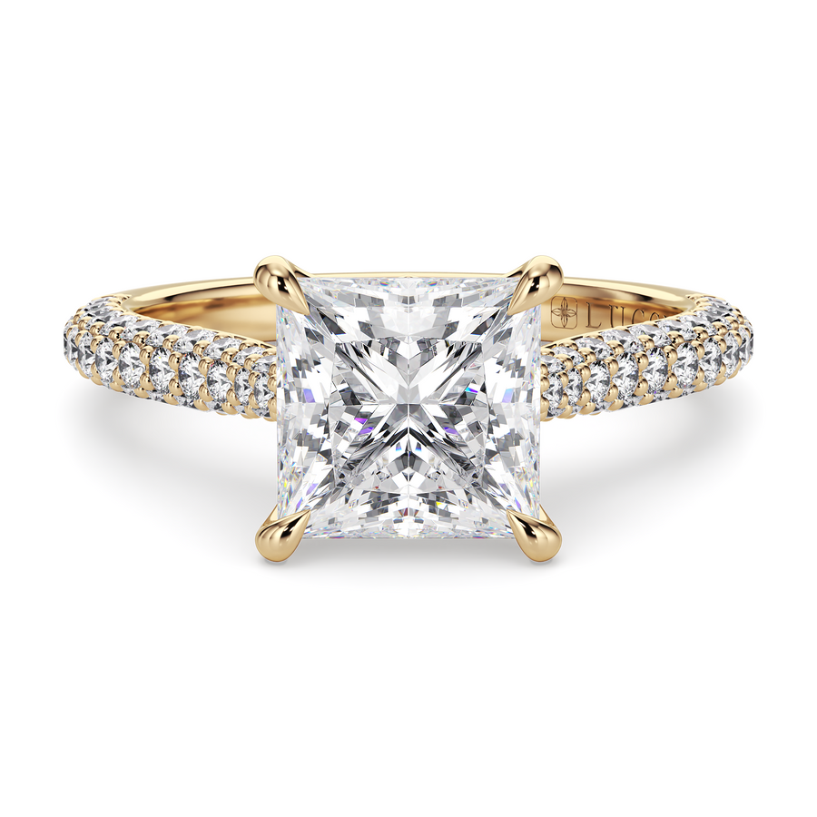 Load image into Gallery viewer, LUCCE Cathedral Princess Diamond Tri-row Pavé Engagement Ring with Petal Prongs and Hidden Accent Stones in Gold or Platinum
