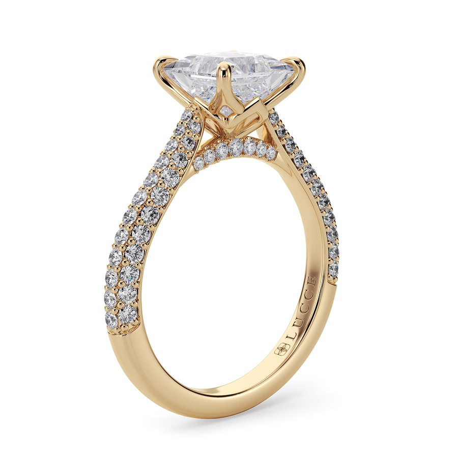 Load image into Gallery viewer, LUCCE Cathedral Cushion Diamond Tri-row Pavé Engagement Ring with Petal Prongs and Hidden Accent Stones in Gold or Platinum
