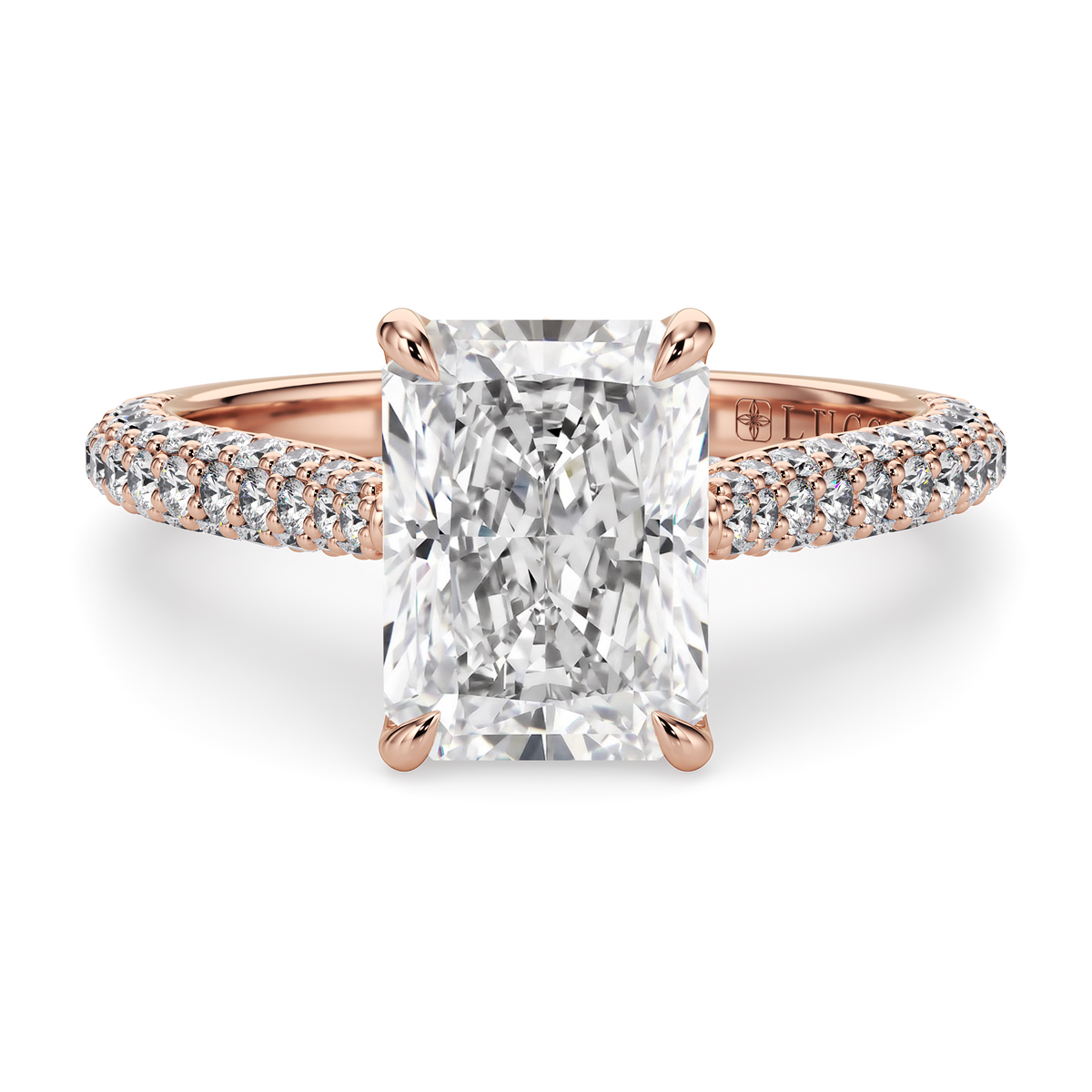 Load image into Gallery viewer, LUCCE Cathedral Radiant Diamond Tri-row Pave Engagement Ring with Petal Prongs and Hidden Accent Stones in Gold or Platinum

