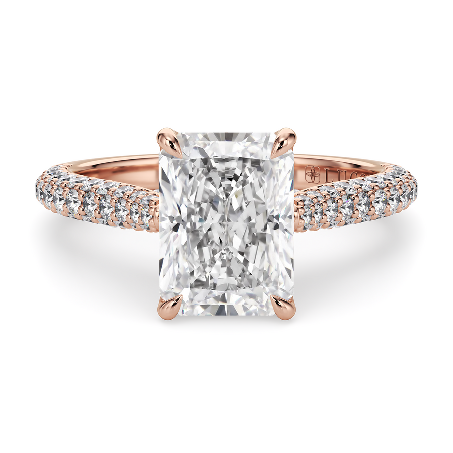 Load image into Gallery viewer, LUCCE Cathedral Radiant Diamond Tri-row Pave Engagement Ring with Petal Prongs and Hidden Accent Stones in Gold or Platinum
