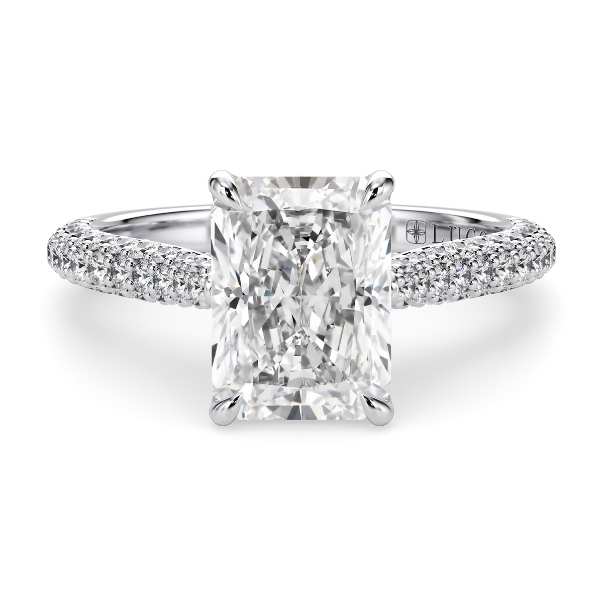 Load image into Gallery viewer, LUCCE Cathedral Radiant Diamond Tri-row Pave Engagement Ring with Petal Prongs and Hidden Accent Stones in Gold or Platinum

