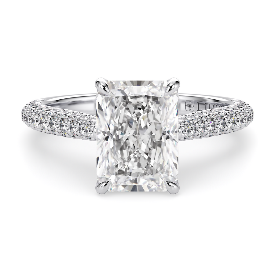 Load image into Gallery viewer, LUCCE Cathedral Radiant Diamond Tri-row Pave Engagement Ring with Petal Prongs and Hidden Accent Stones in Gold or Platinum
