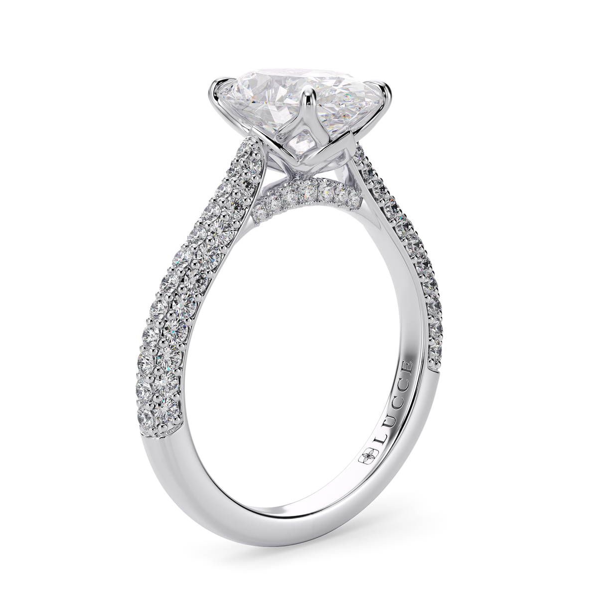 Load image into Gallery viewer, LUCCE Cathedral Oval Diamond Tri-row  Pavé Engagement Ring with Petal Prongs and Hidden Accent Stones in Gold or Platinum
