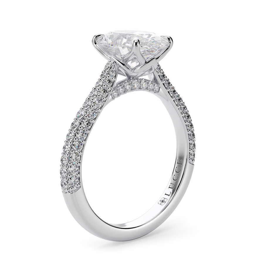 Load image into Gallery viewer, LUCCE Cathedral Oval Diamond Tri-row  Pavé Engagement Ring with Petal Prongs and Hidden Accent Stones in Gold or Platinum
