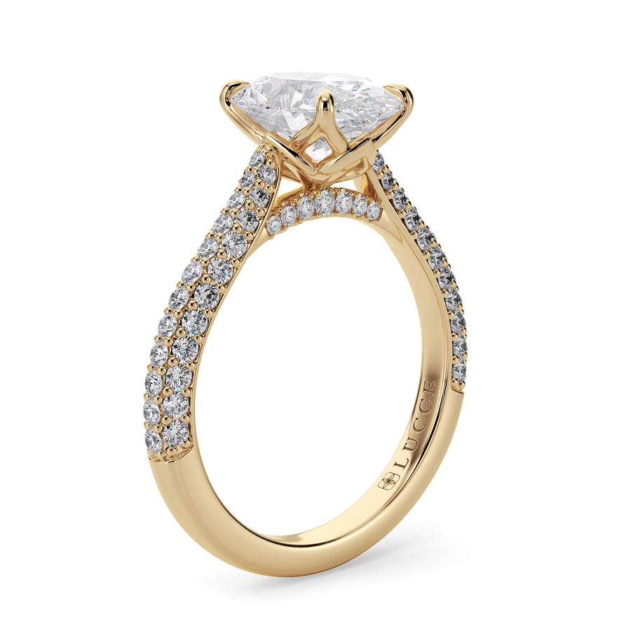 Load image into Gallery viewer, LUCCE Cathedral Oval Diamond Tri-row  Pavé Engagement Ring with Petal Prongs and Hidden Accent Stones in Gold or Platinum
