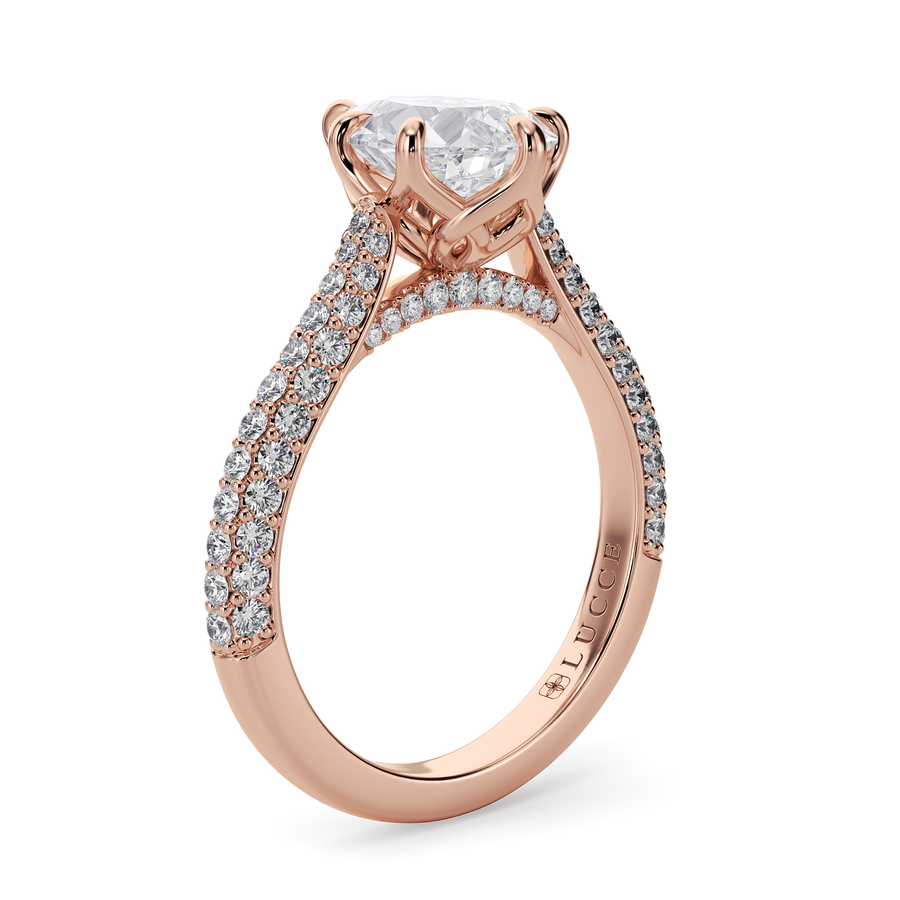 Load image into Gallery viewer, LUCCE Cathedral Pear Diamond Tri-row Pave Engagement Ring with Petal Prongs and Hidden Accent Stones in Gold or Platinum
