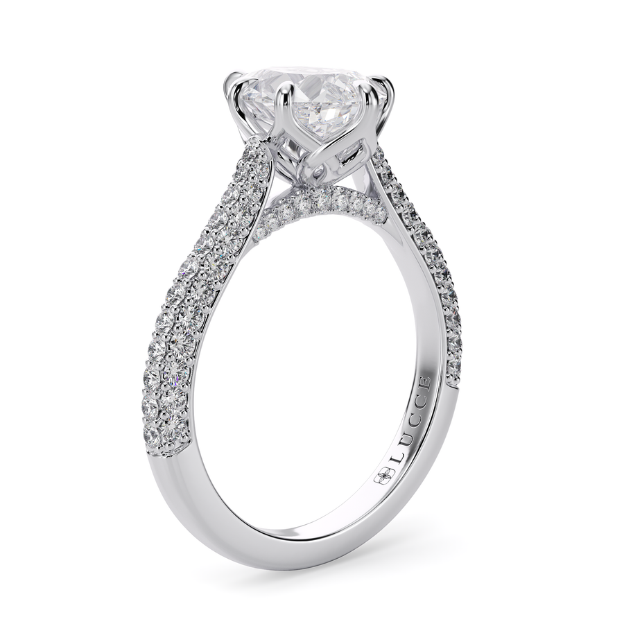 Load image into Gallery viewer, LUCCE Cathedral Pear Diamond Tri-row Pave Engagement Ring with Petal Prongs and Hidden Accent Stones in Gold or Platinum
