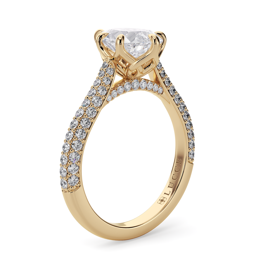 Load image into Gallery viewer, LUCCE Cathedral Pear Diamond Tri-row Pave Engagement Ring with Petal Prongs and Hidden Accent Stones in Gold or Platinum
