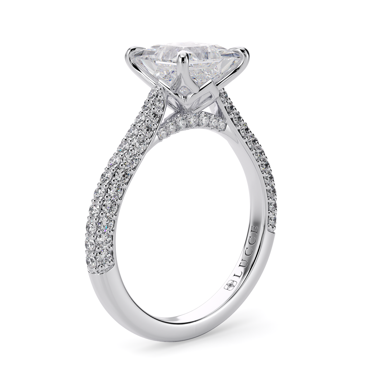 Load image into Gallery viewer, LUCCE Cathedral Princess Diamond Tri-row Pavé Engagement Ring with Petal Prongs and Hidden Accent Stones in Gold or Platinum
