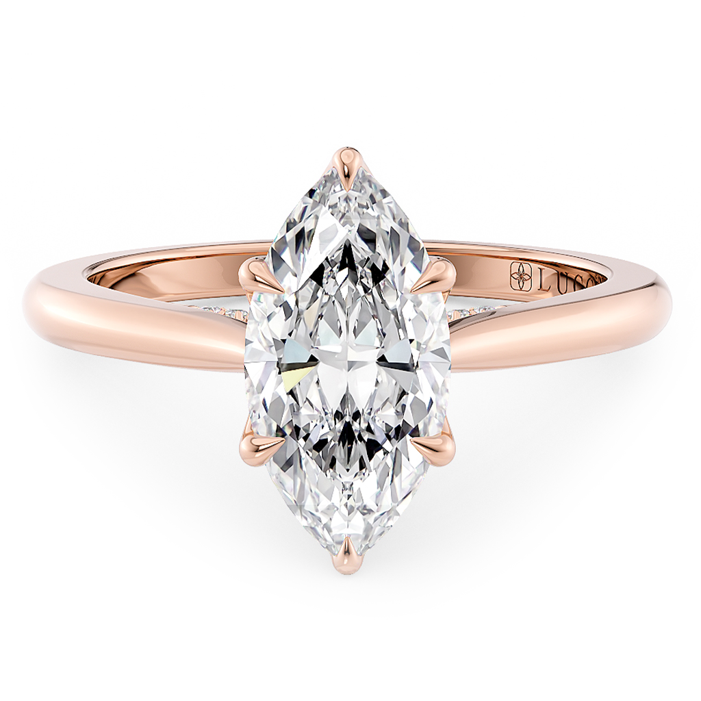Load image into Gallery viewer, LUCCE Cathedral Marquise Diamond Solitaire Engagement Ring with Petal Prongs and Hidden Accent Stones in Gold or Platinum
