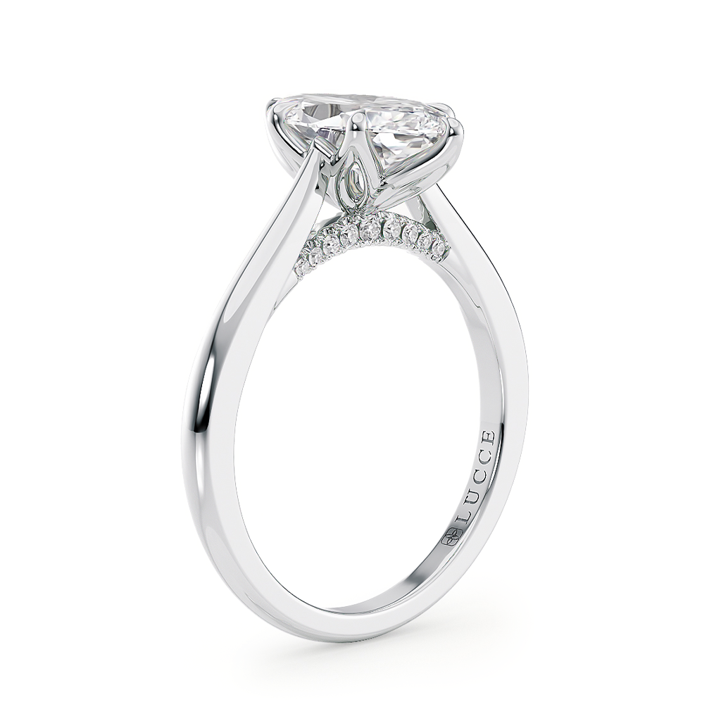 Load image into Gallery viewer, LUCCE Cathedral Marquise Diamond Solitaire Engagement Ring with Petal Prongs and Hidden Accent Stones in Gold or Platinum
