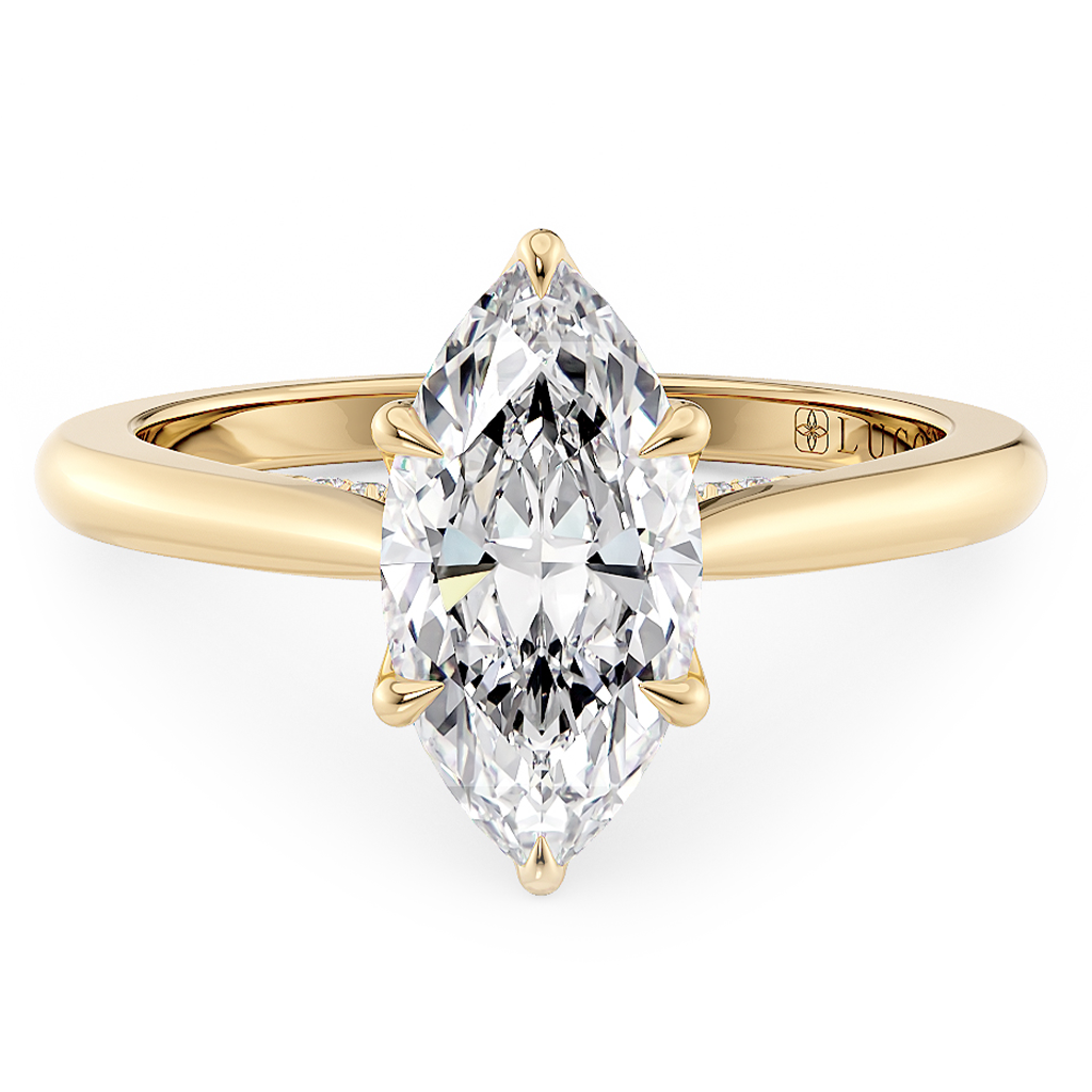Load image into Gallery viewer, LUCCE Cathedral Marquise Diamond Solitaire Engagement Ring with Petal Prongs and Hidden Accent Stones in Gold or Platinum
