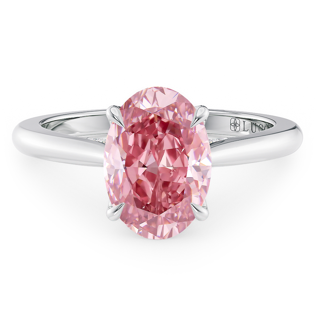 Load image into Gallery viewer, LUCCE Cathedral Oval Pink Diamond Solitaire Engagement Ring with Petal Prongs and Hidden Accent Stones in Gold or Platinum
