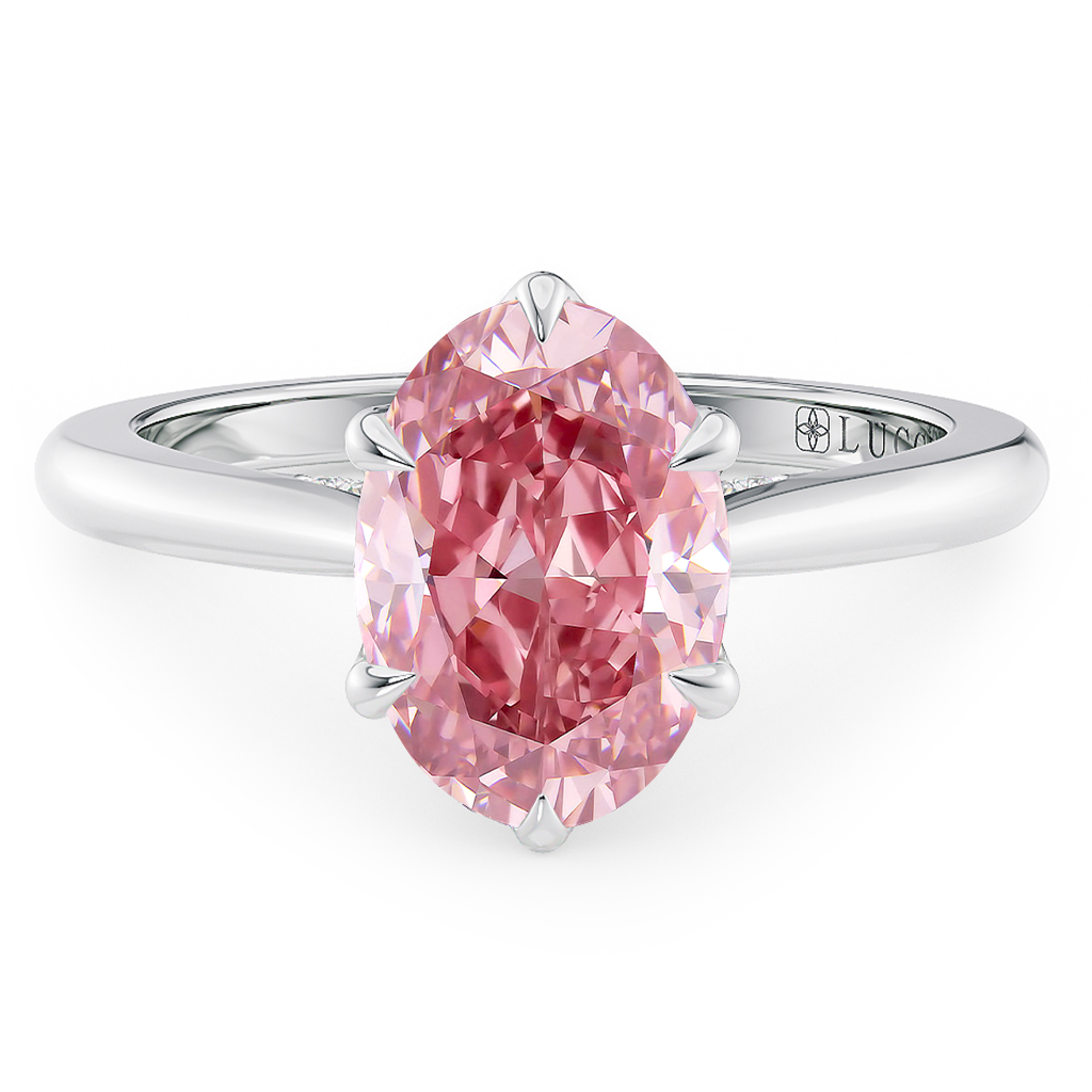Load image into Gallery viewer, LUCCE Cathedral Oval Pink Diamond Solitaire Engagement Ring with Petal Prongs and Hidden Accent Stones in Gold or Platinum
