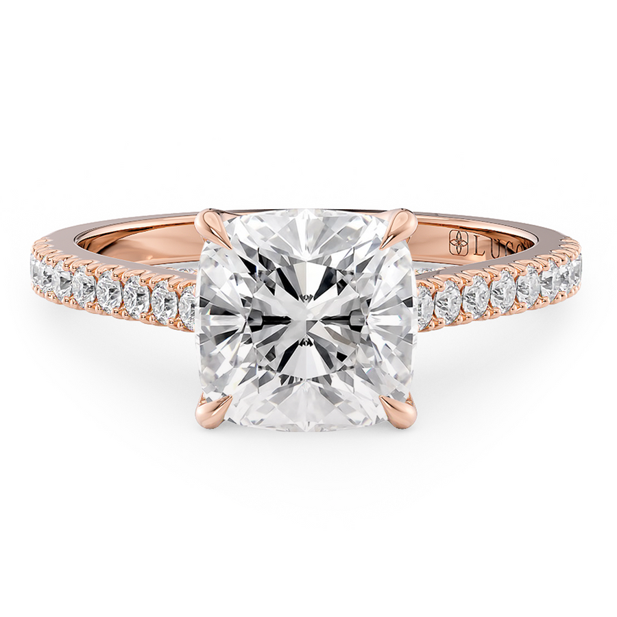 Load image into Gallery viewer, LUCCE Cathedral Cushion Diamond Pavé Engagement Ring with Petal Prongs and Hidden Accent Stones in Gold or Platinum
