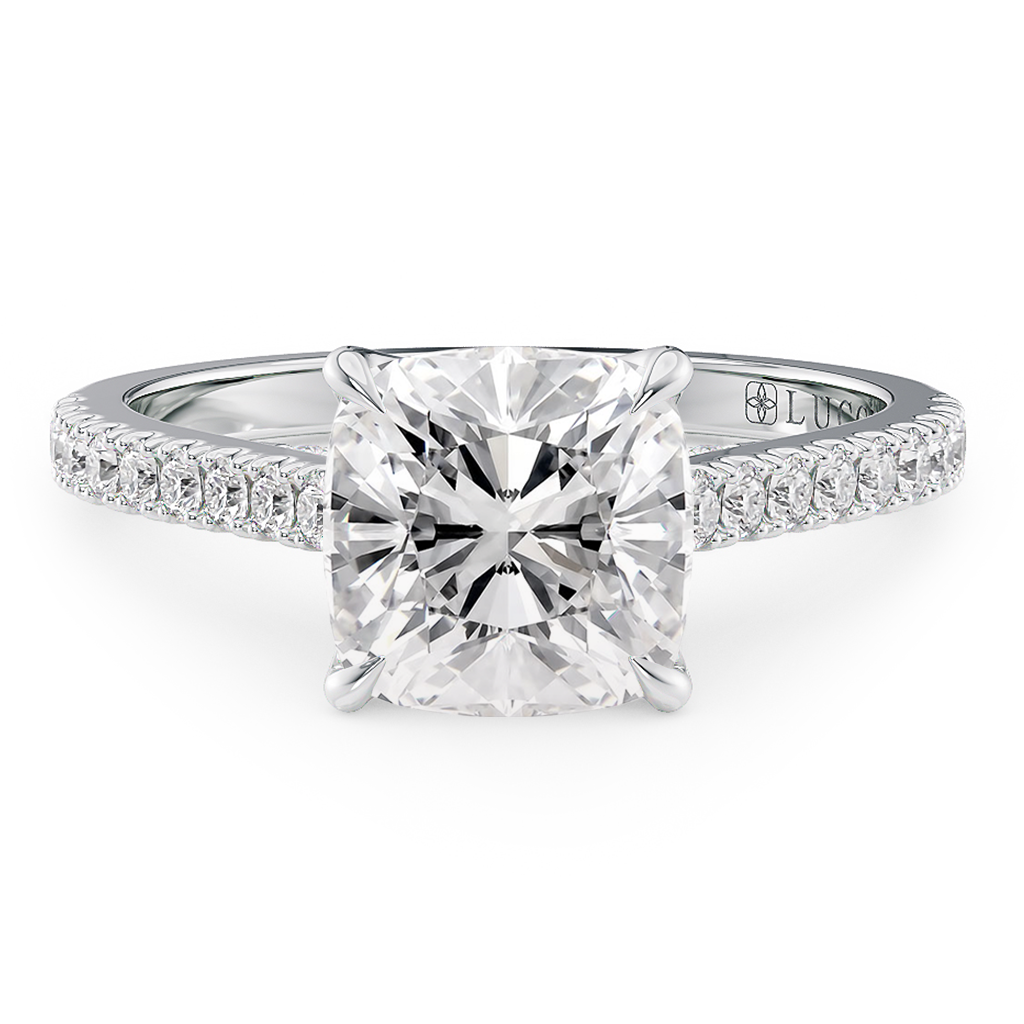 Load image into Gallery viewer, LUCCE Cathedral Cushion Diamond Pavé Engagement Ring with Petal Prongs and Hidden Accent Stones in Gold or Platinum
