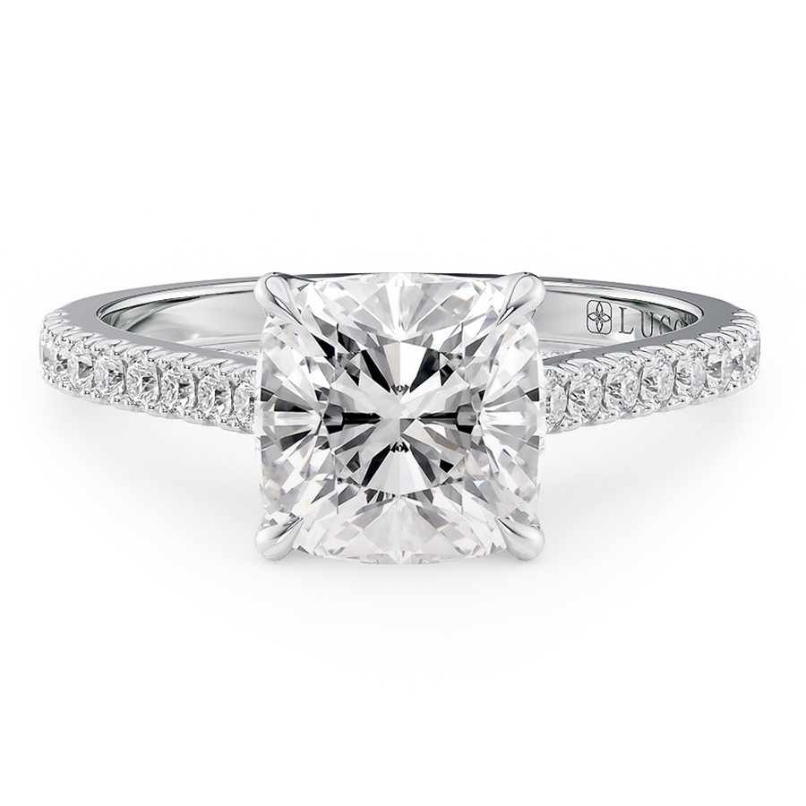Load image into Gallery viewer, LUCCE Cathedral Cushion Diamond Pavé Engagement Ring with Petal Prongs and Hidden Accent Stones in Gold or Platinum
