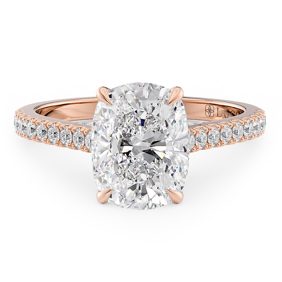Load image into Gallery viewer, LUCCE Cathedral Cushion Diamond Pavé Engagement Ring with Petal Prongs and Hidden Accent Stones in Gold or Platinum

