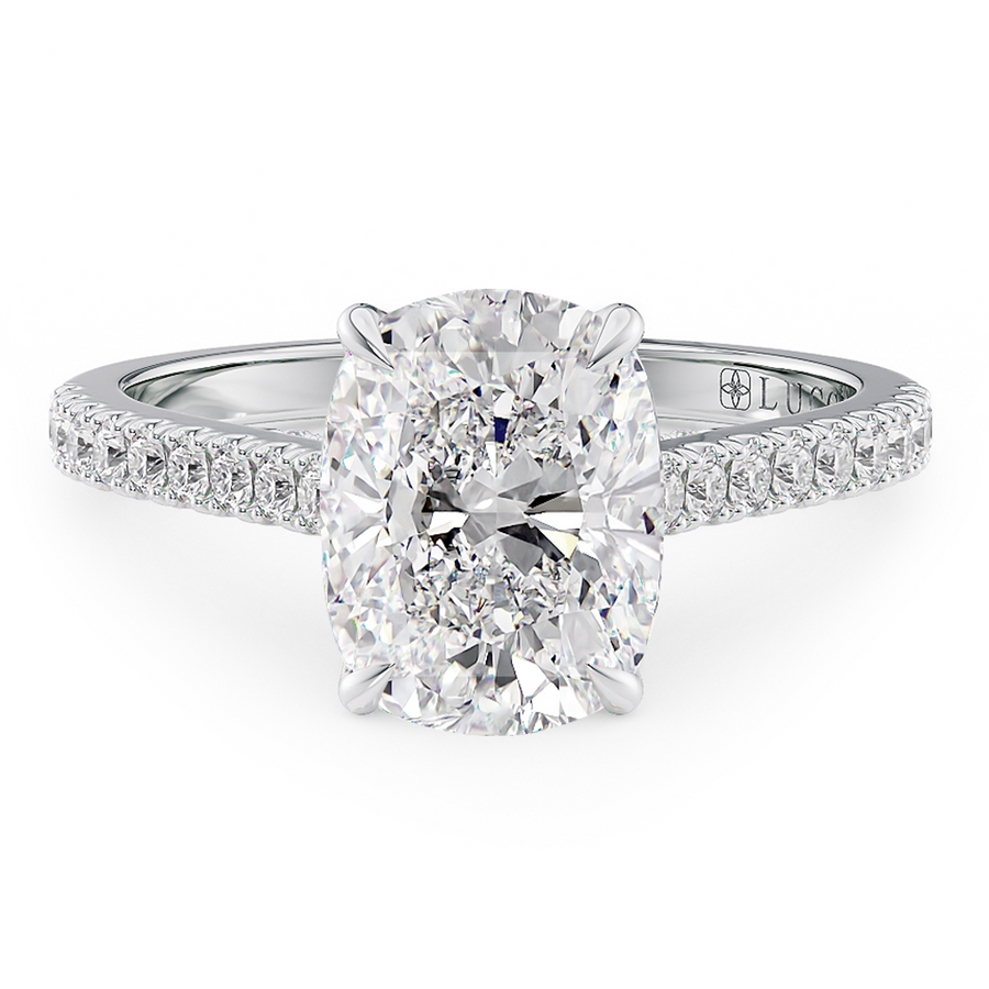 Load image into Gallery viewer, LUCCE Cathedral Cushion Diamond Pavé Engagement Ring with Petal Prongs and Hidden Accent Stones in Gold or Platinum
