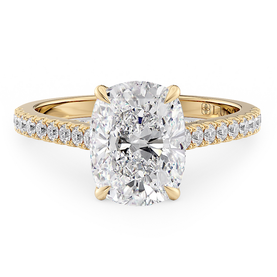 Load image into Gallery viewer, LUCCE Cathedral Cushion Diamond Pavé Engagement Ring with Petal Prongs and Hidden Accent Stones in Gold or Platinum
