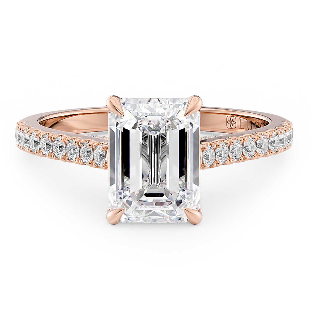 Load image into Gallery viewer, LUCCE Cathedral Emerald Diamond Pavé Engagement Ring with Petal Prongs and Hidden Accent Stones in Gold or Platinum
