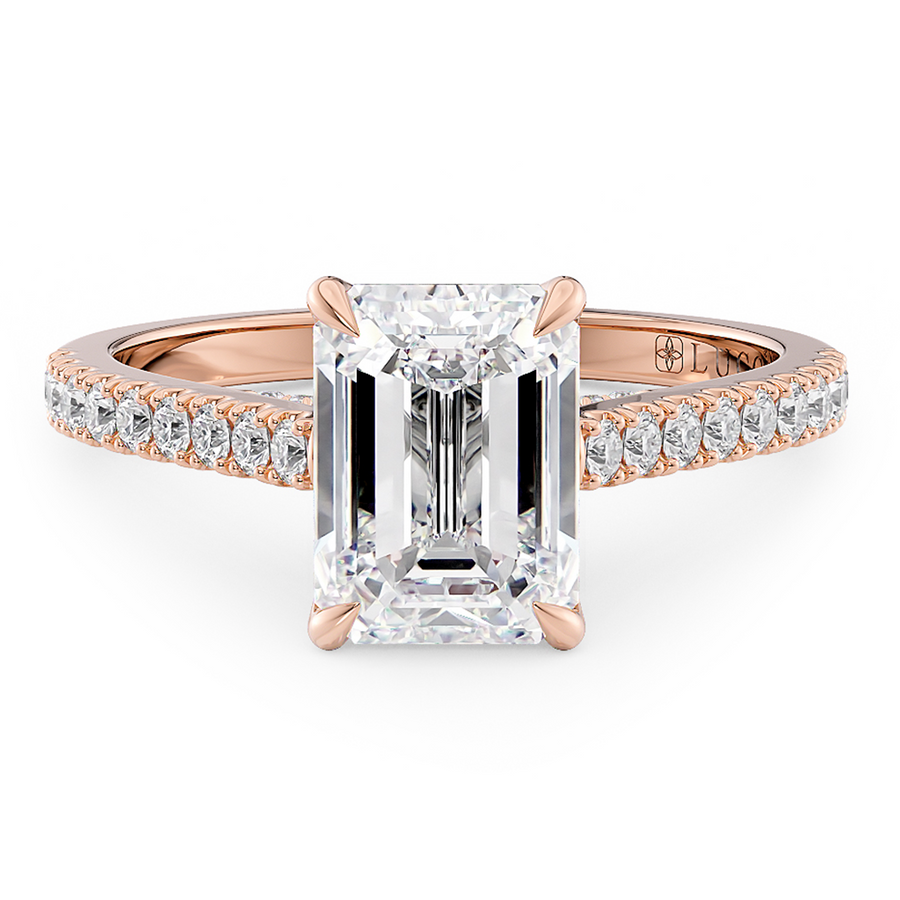 Load image into Gallery viewer, LUCCE Cathedral Emerald Diamond Pavé Engagement Ring with Petal Prongs and Hidden Accent Stones in Gold or Platinum
