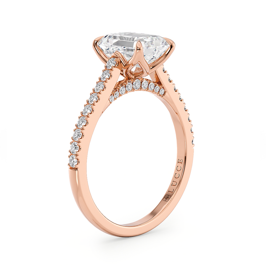Load image into Gallery viewer, LUCCE Cathedral Emerald Diamond Pavé Engagement Ring with Petal Prongs and Hidden Accent Stones in Gold or Platinum
