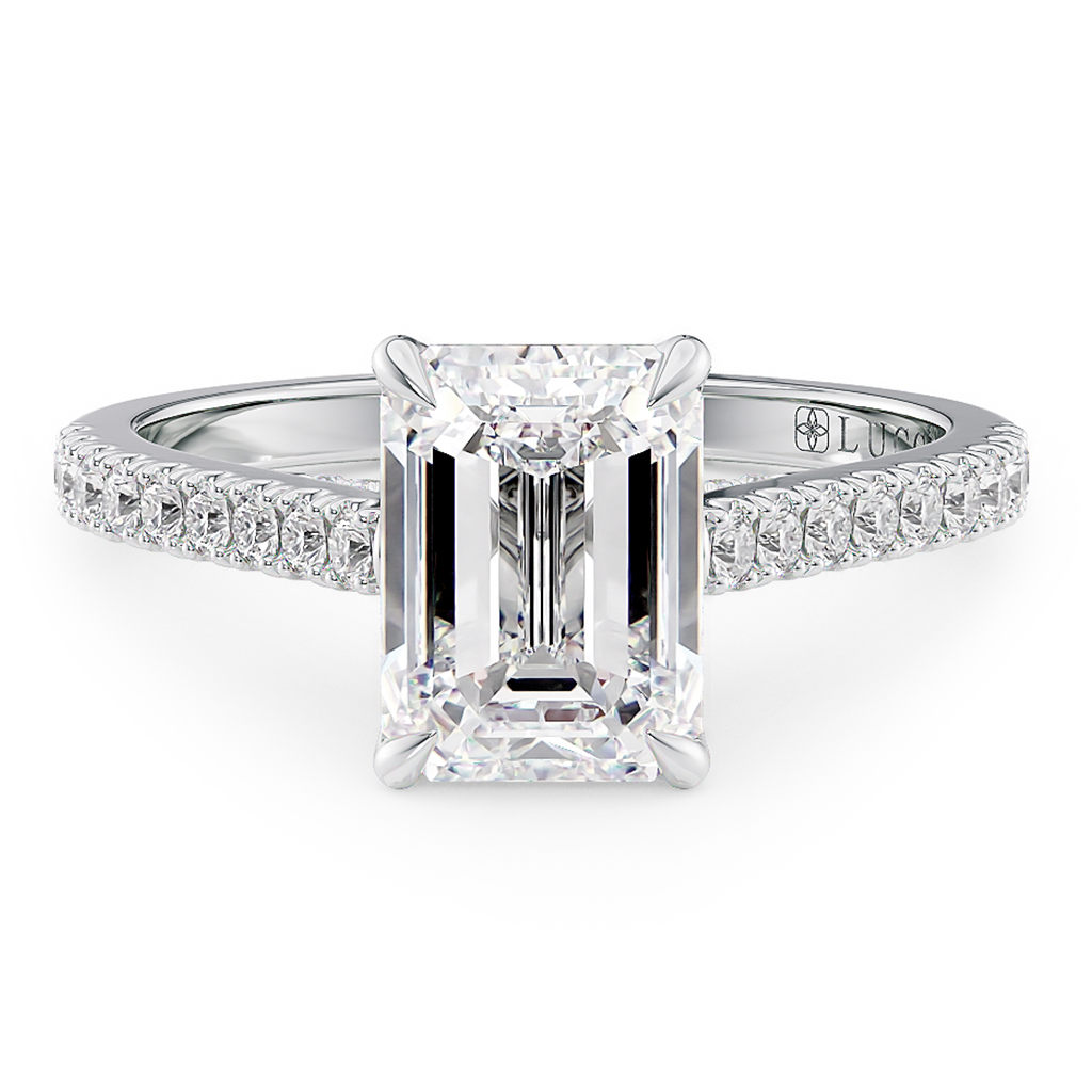 Load image into Gallery viewer, LUCCE Cathedral Emerald Diamond Pavé Engagement Ring with Petal Prongs and Hidden Accent Stones in Gold or Platinum
