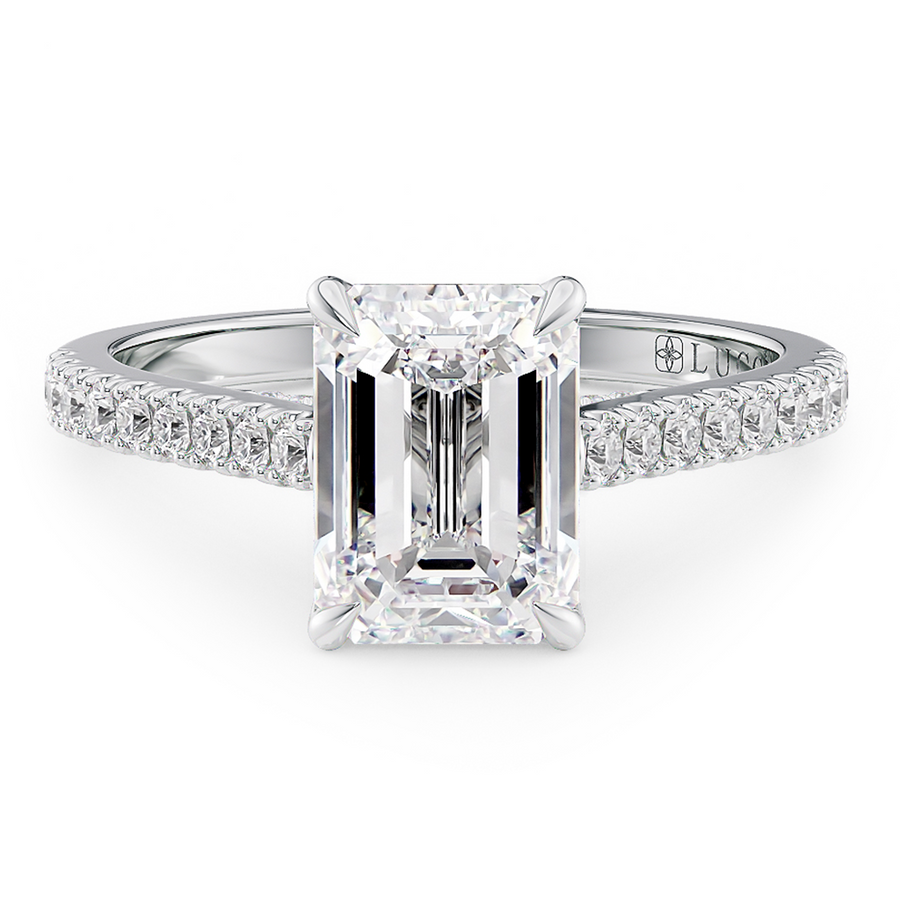 Load image into Gallery viewer, LUCCE Cathedral Emerald Diamond Pavé Engagement Ring with Petal Prongs and Hidden Accent Stones in Gold or Platinum
