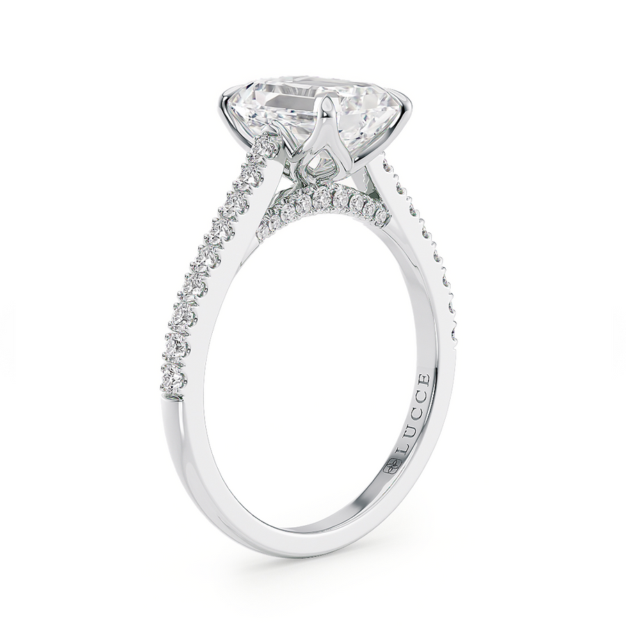 Load image into Gallery viewer, LUCCE Cathedral Emerald Diamond Pavé Engagement Ring with Petal Prongs and Hidden Accent Stones in Gold or Platinum
