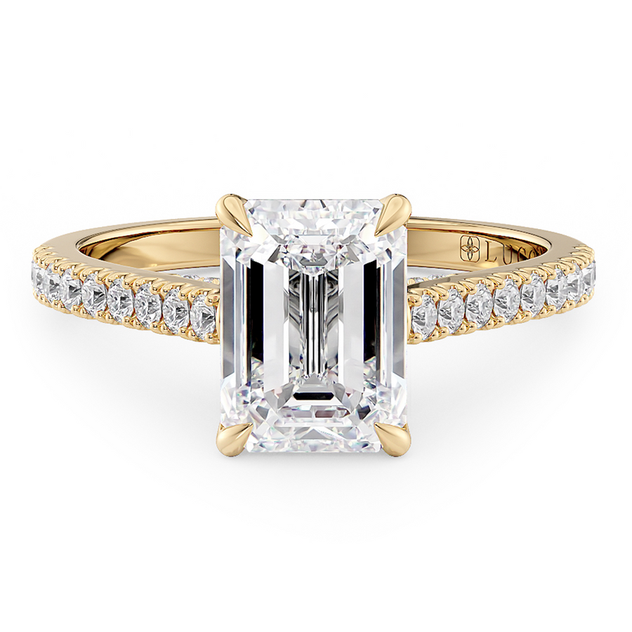 Load image into Gallery viewer, LUCCE Cathedral Emerald Diamond Pavé Engagement Ring with Petal Prongs and Hidden Accent Stones in Gold or Platinum

