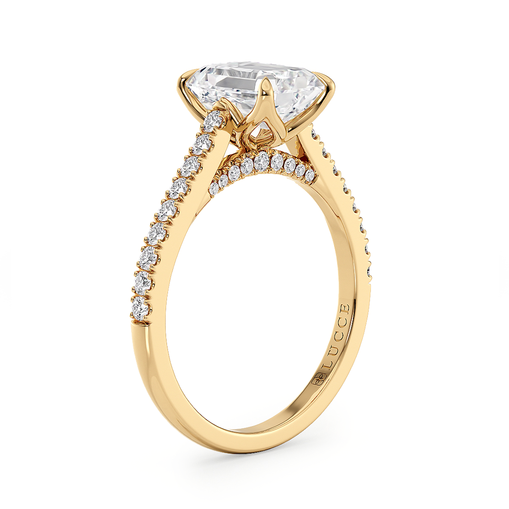 Load image into Gallery viewer, LUCCE Cathedral Emerald Diamond Pavé Engagement Ring with Petal Prongs and Hidden Accent Stones in Gold or Platinum
