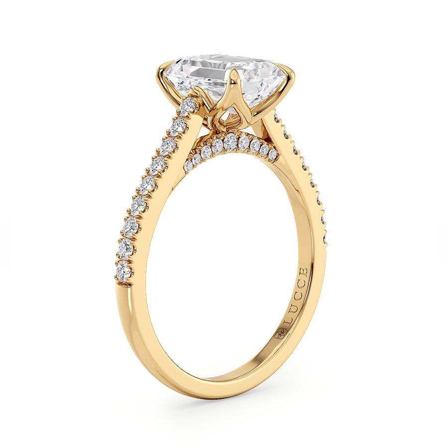Load image into Gallery viewer, LUCCE Cathedral Emerald Diamond Pavé Engagement Ring with Petal Prongs and Hidden Accent Stones in Gold or Platinum
