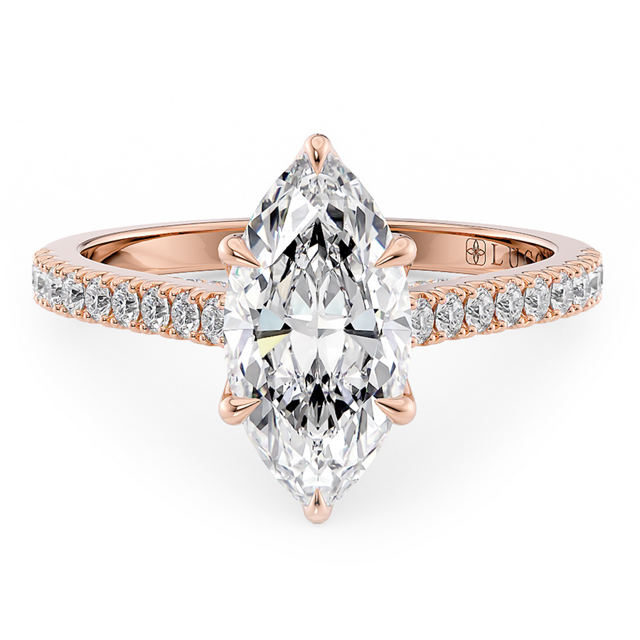 Load image into Gallery viewer, LUCCE Cathedral Marquise Diamond Pavé Engagement Ring with Petal Prongs and Hidden Accent Stones in Gold or Platinum
