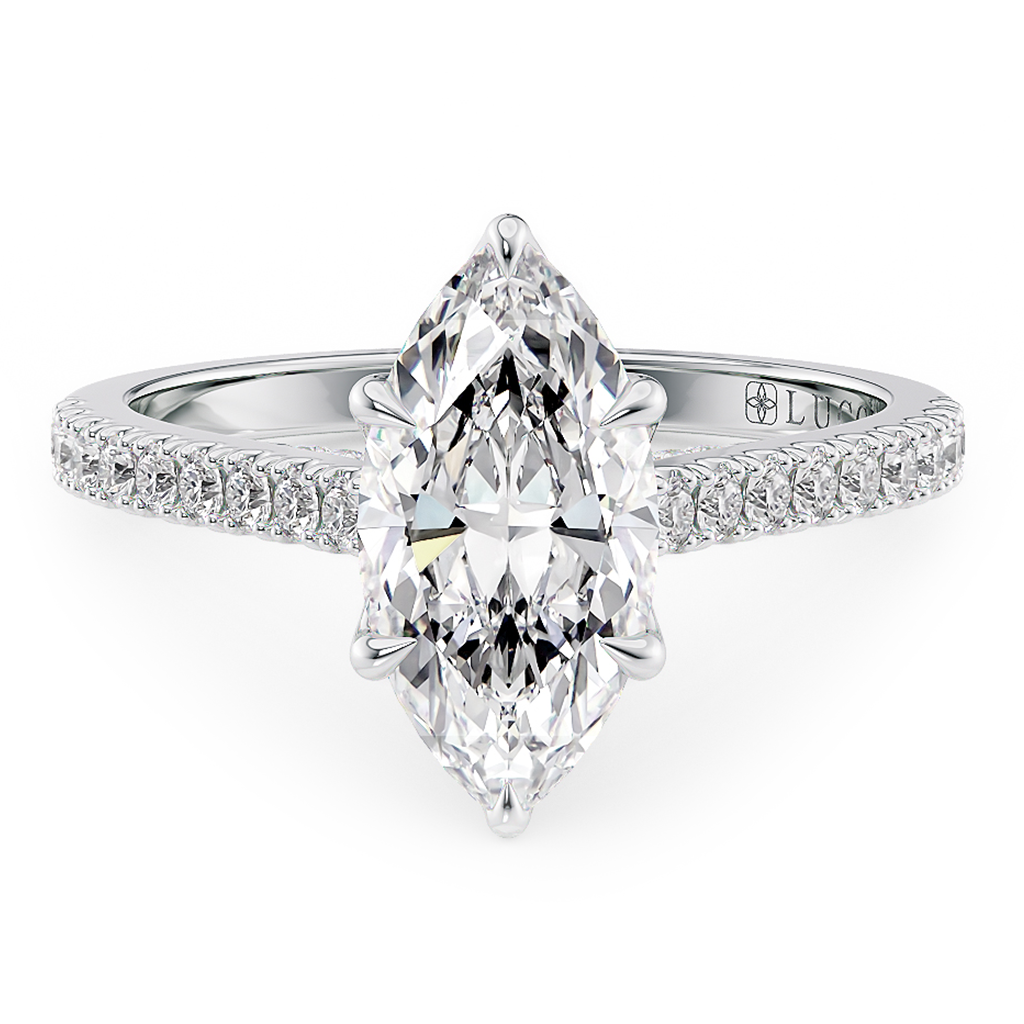 Load image into Gallery viewer, LUCCE Cathedral Marquise Diamond Pavé Engagement Ring with Petal Prongs and Hidden Accent Stones in Gold or Platinum
