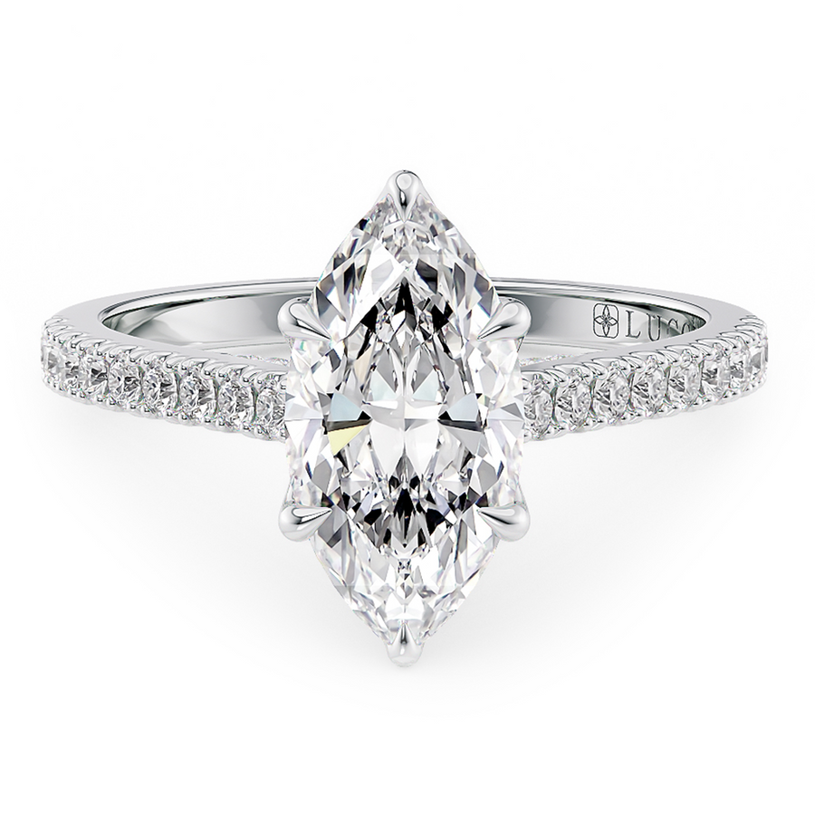 Load image into Gallery viewer, LUCCE Cathedral Marquise Diamond Pavé Engagement Ring with Petal Prongs and Hidden Accent Stones in Gold or Platinum
