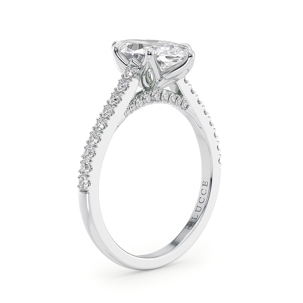 Load image into Gallery viewer, LUCCE Cathedral Marquise Diamond Pavé Engagement Ring with Petal Prongs and Hidden Accent Stones in Gold or Platinum
