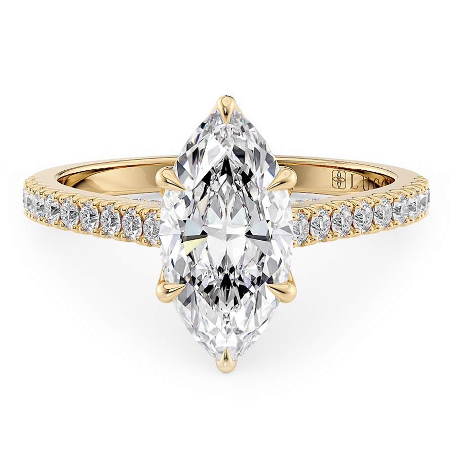 Load image into Gallery viewer, LUCCE Cathedral Marquise Diamond Pavé Engagement Ring with Petal Prongs and Hidden Accent Stones in Gold or Platinum
