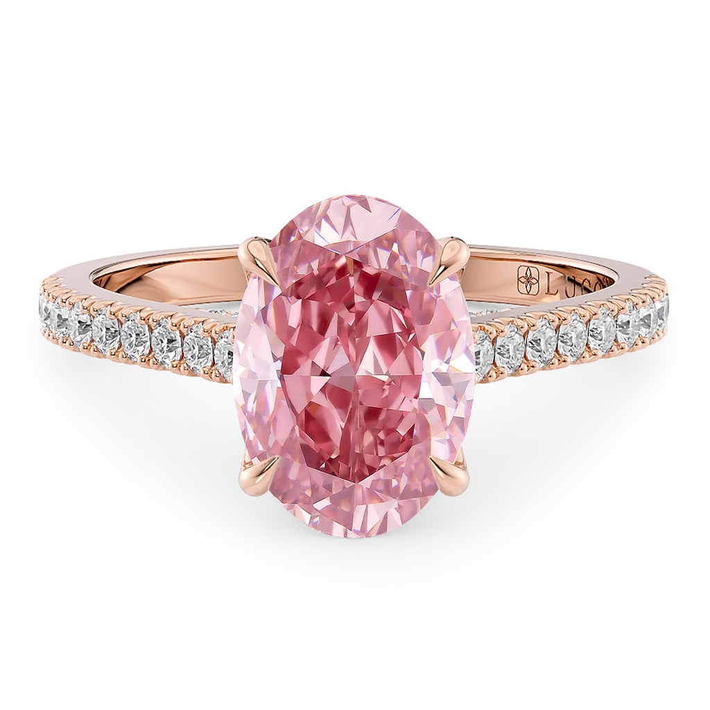 Load image into Gallery viewer, LUCCE Cathedral Oval Pink Diamond Pavé Engagement Ring with Petal Prongs and Hidden Accent Stones in Gold or Platinum
