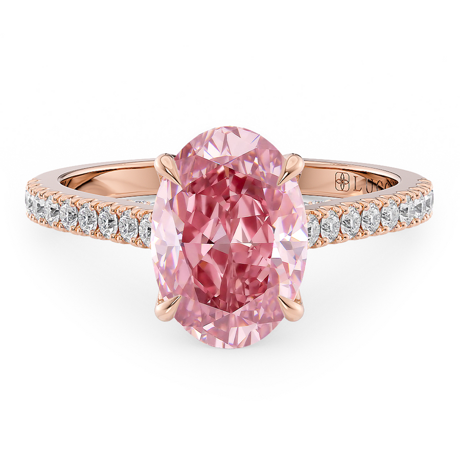 Load image into Gallery viewer, LUCCE Cathedral Oval Pink Diamond Pavé Engagement Ring with Petal Prongs and Hidden Accent Stones in Gold or Platinum

