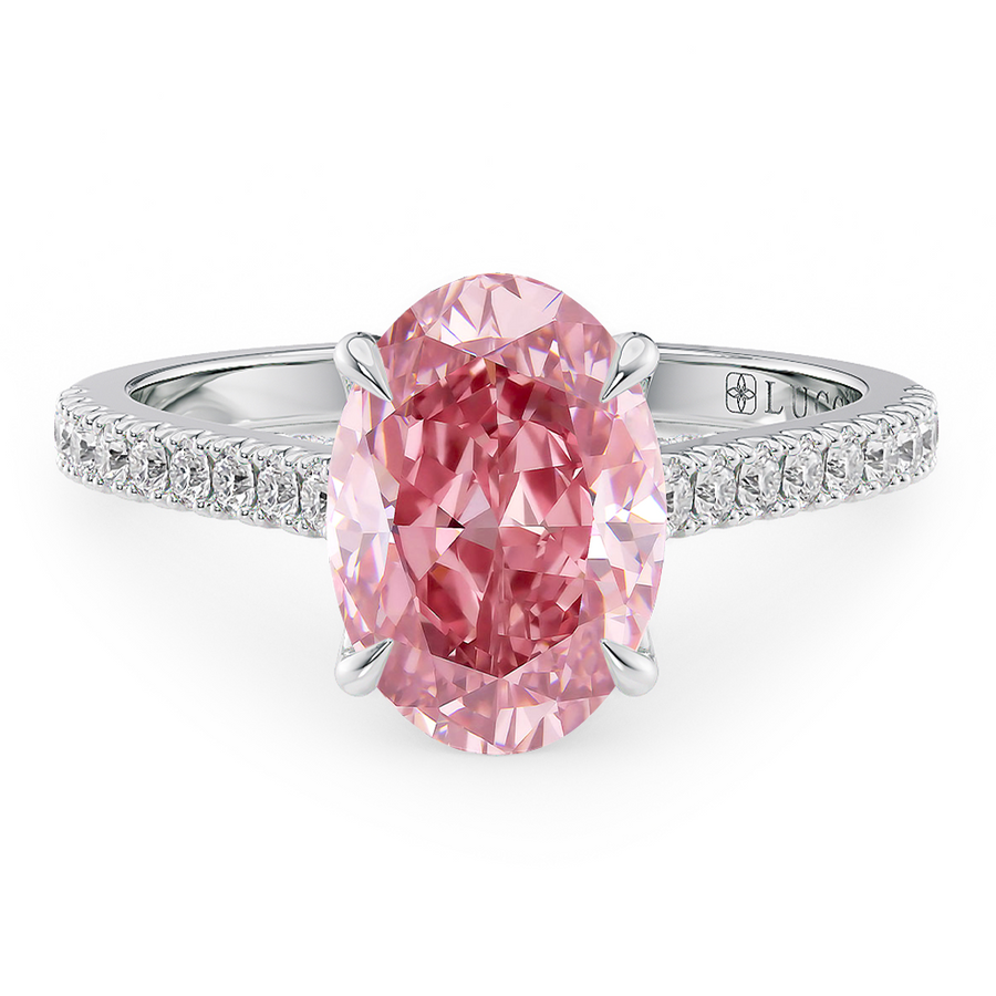 Load image into Gallery viewer, LUCCE Cathedral Oval Pink Diamond Pavé Engagement Ring with Petal Prongs and Hidden Accent Stones in Gold or Platinum

