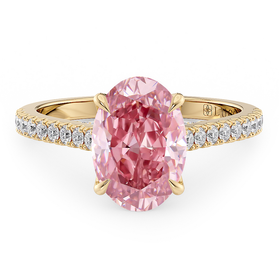 Load image into Gallery viewer, LUCCE Cathedral Oval Pink Diamond Pavé Engagement Ring with Petal Prongs and Hidden Accent Stones in Gold or Platinum


