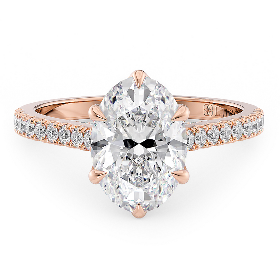 Load image into Gallery viewer, LUCCE Cathedral Oval Diamond Pavé Engagement Ring with Petal Prongs and Hidden Accent Stones in Gold or Platinum
